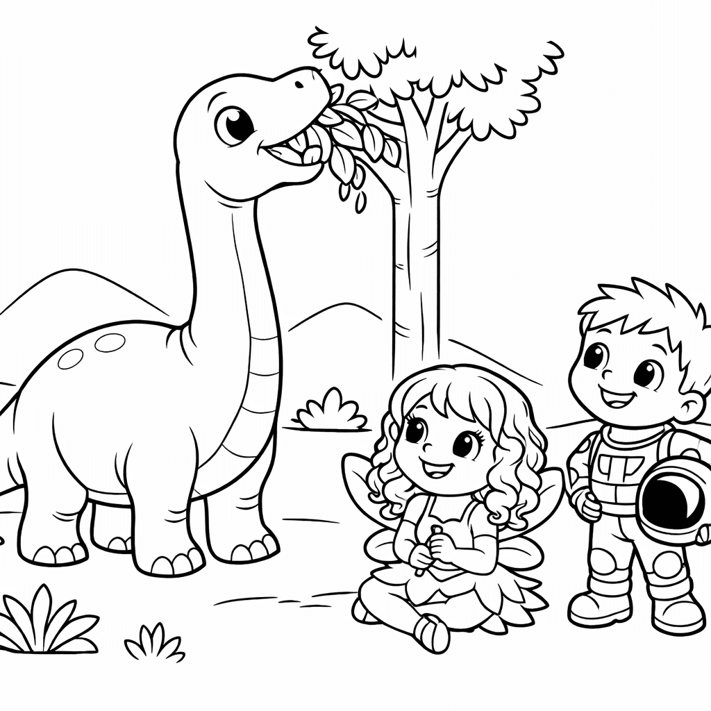 Siblings as a fairy and astronaut meeting dinosaurs