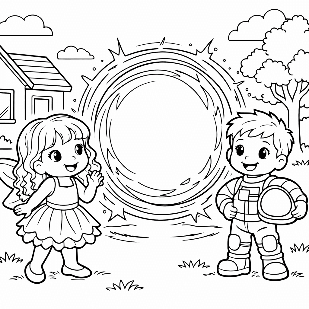 Siblings as a fairy and astronaut stepping through a portal