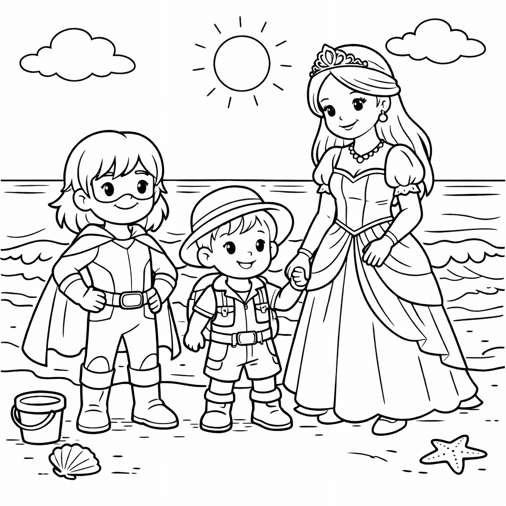 A superhero sister and adventurer brother with their princess mum at the beach