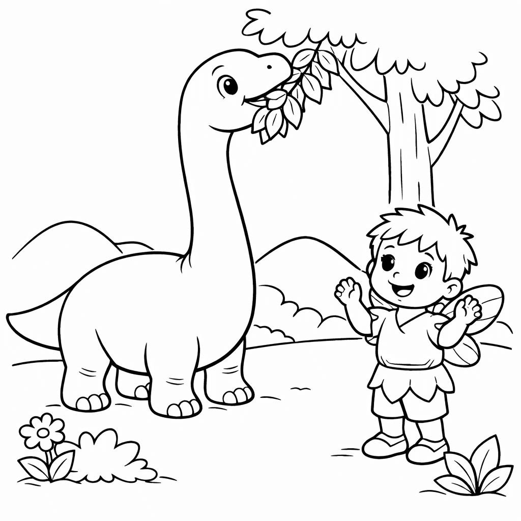 A young boy as a fairy meeting dinosaurs