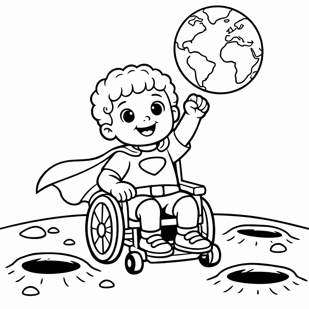 A young boy in a wheelchair on the moon