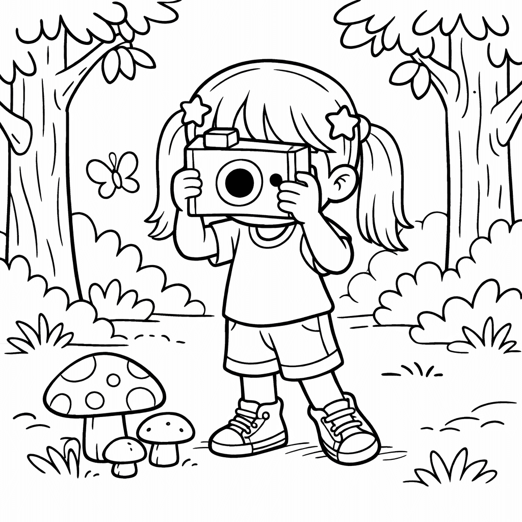A young girl photographer in an enchanted forest