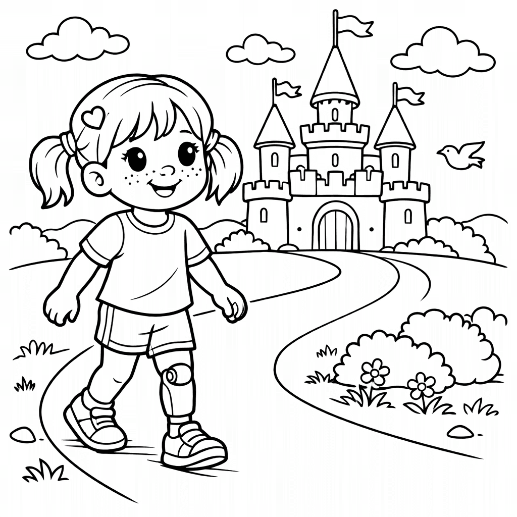 A young girl with a prosthetic leg and heart hair clips visiting a castle